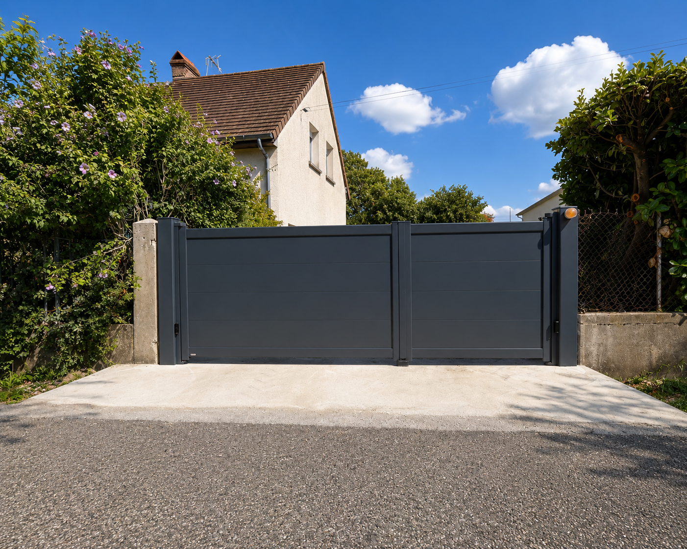 Portail moderne en métal gris foncé fermé devant une maison avec toit en pente et jardin fleuri sous ciel bleu avec nuages.