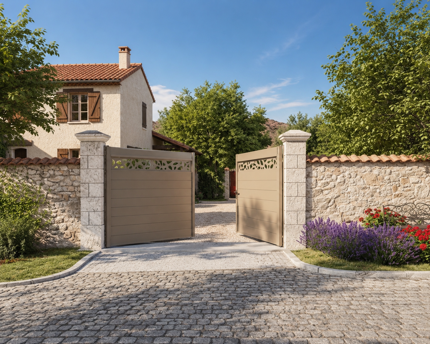 Portail beige ouvert entre deux piliers en pierre, donnant accès à une maison en pierre avec toit en tuiles rouges, entourée d'un mur en pierre, avec des arbustes, fleurs violettes et rouges, sous un ciel bleu clair.