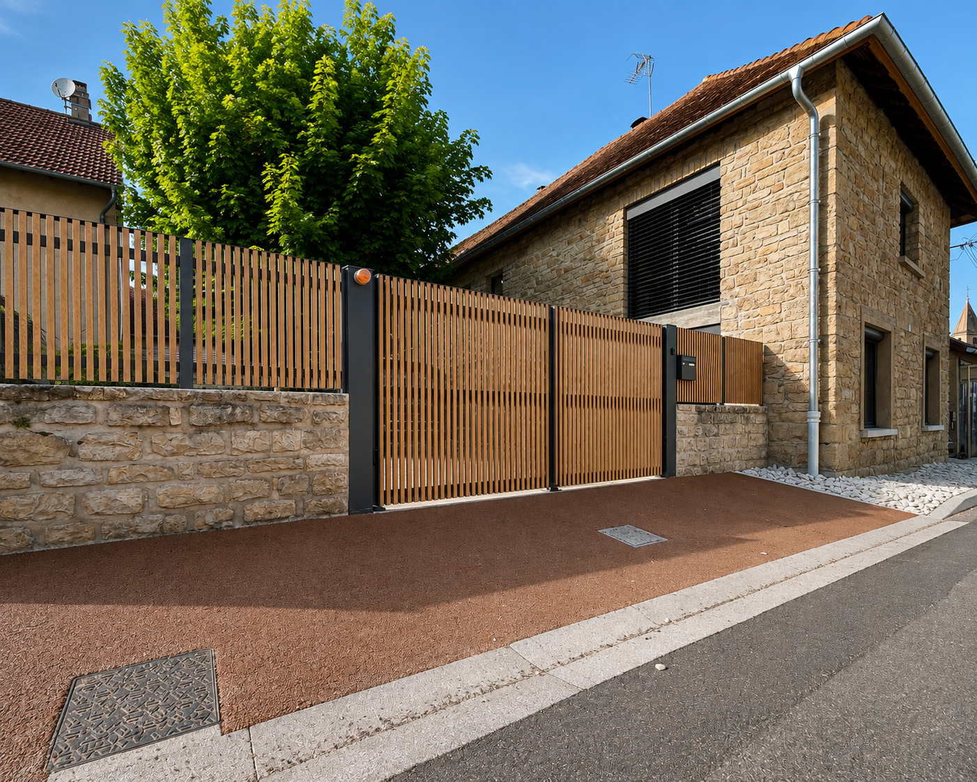 Maison en pierre avec une grande porte de garage et clôture en bois avec des montants en métal noir, sur une allée en résine rouge et un trottoir en béton clair, sous un ciel bleu.