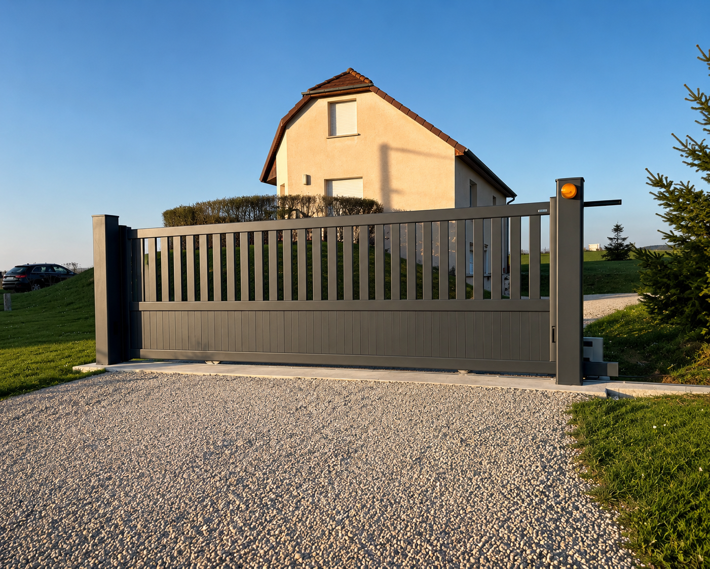 Portail coulissant gris foncé devant une maison beige avec toiture en tuiles rouges sous un ciel bleu clair.