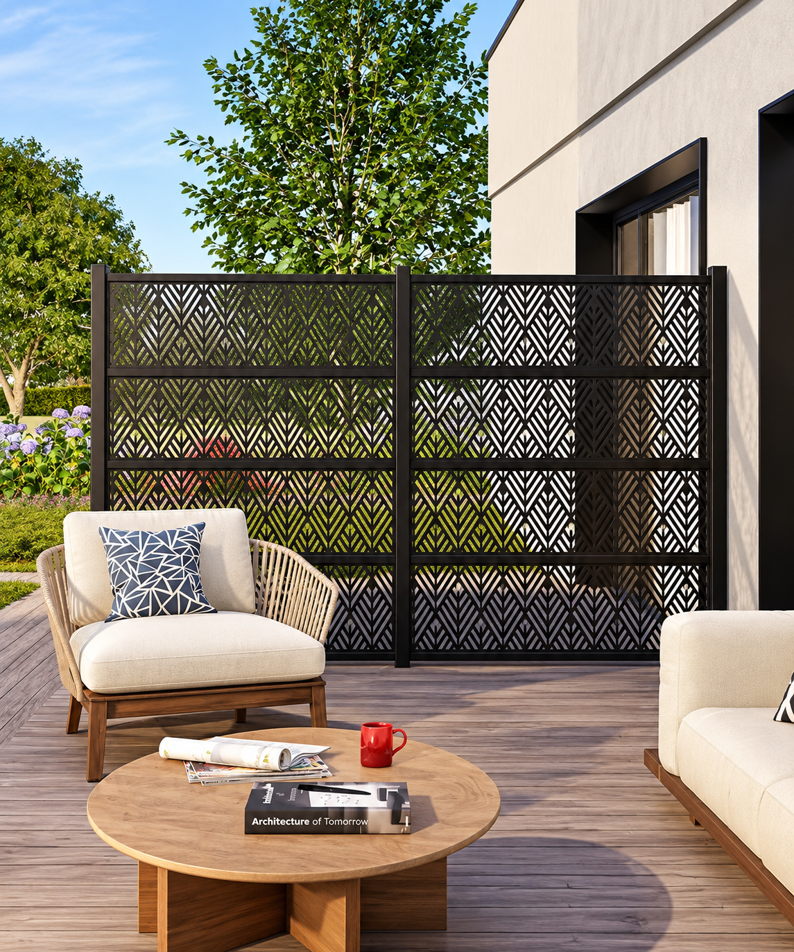 Coin salon extérieur avec fauteuil beige à coussin géométrique, table basse en bois ronde avec livre, tasses et magazines, canapé beige et panneau décoratif noir avec motif feuille, arbres et fleurs en arrière-plan.