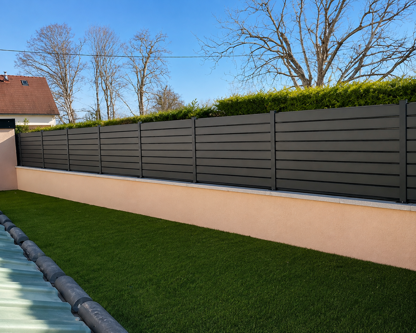 Clôture moderne en lattes horizontales grises installée sur un mur beige avec une pelouse verte devant et des arbres sans feuilles en arrière-plan sous un ciel bleu clair.