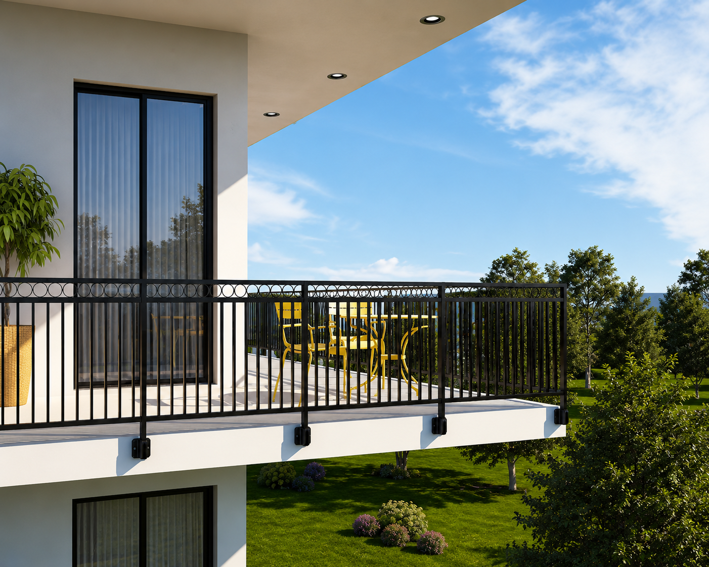 Balcon moderne avec rambarde métallique noire, une table ronde jaune et des chaises jaunes, au-dessus d'un jardin verdoyant sous un ciel bleu partiellement nuageux.
