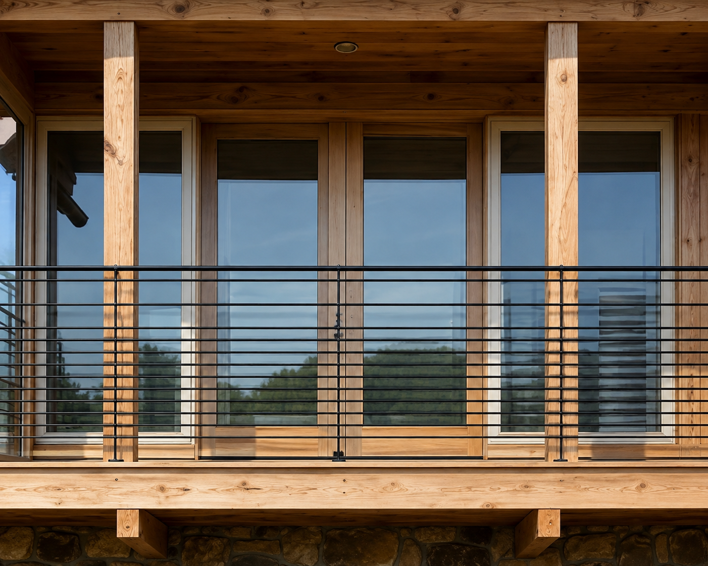 Balcon en bois clair avec rambarde métallique noire, grandes portes-fenêtres vitrées et murs en pierre en dessous.