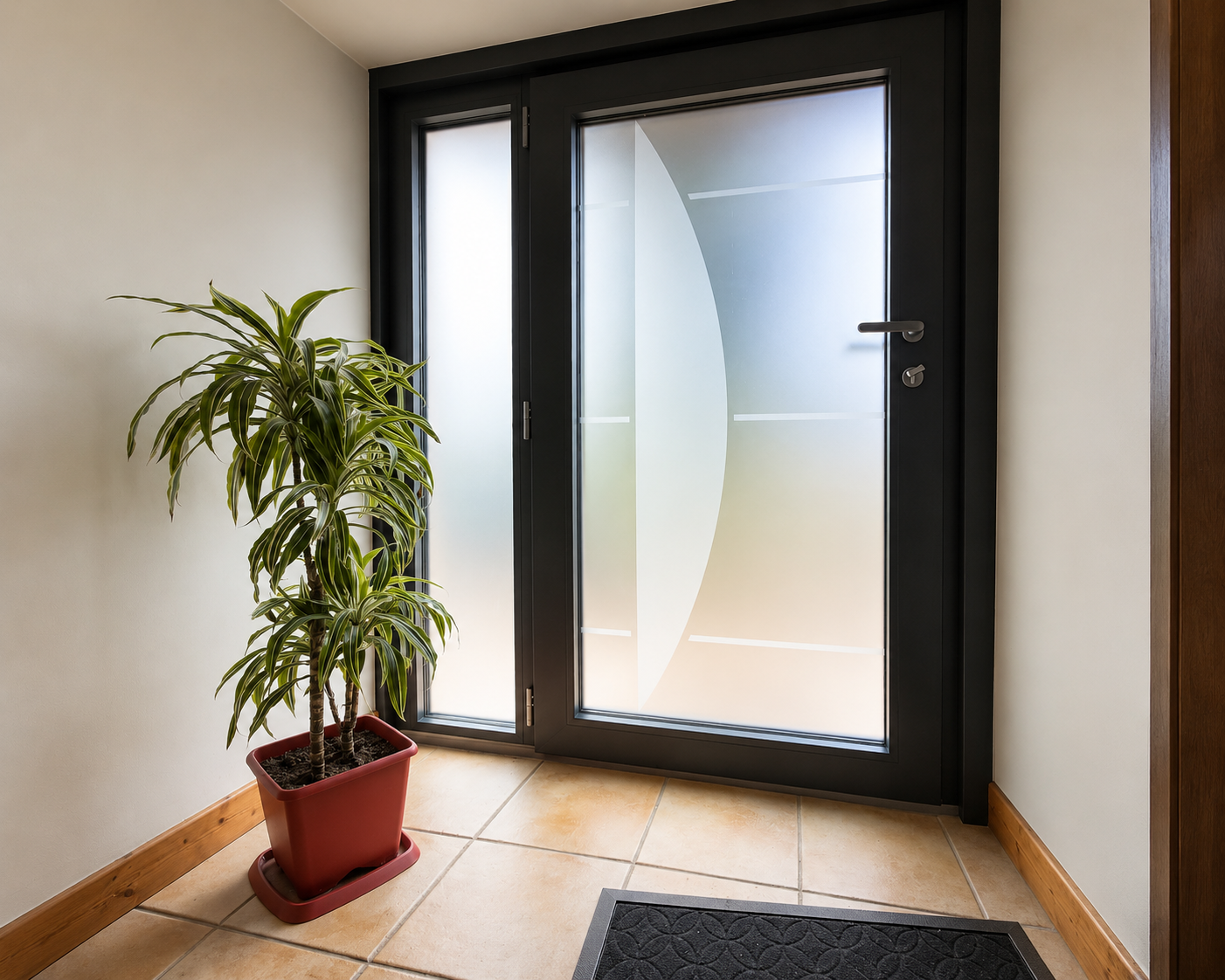Entrée d'une maison avec une porte en verre dépoli à cadre noir, un tapis noir au sol en carrelage beige, et une plante verte dans un pot rouge à gauche.