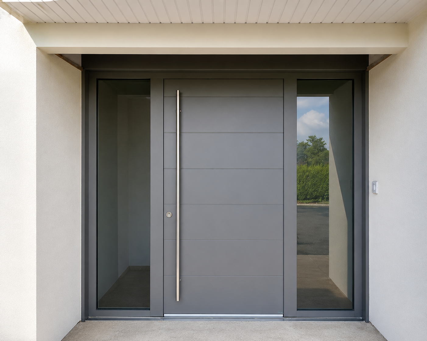 Porte d'entrée moderne grise avec poignée verticale en métal et panneaux vitrés de chaque côté reflétant un jardin et le ciel.