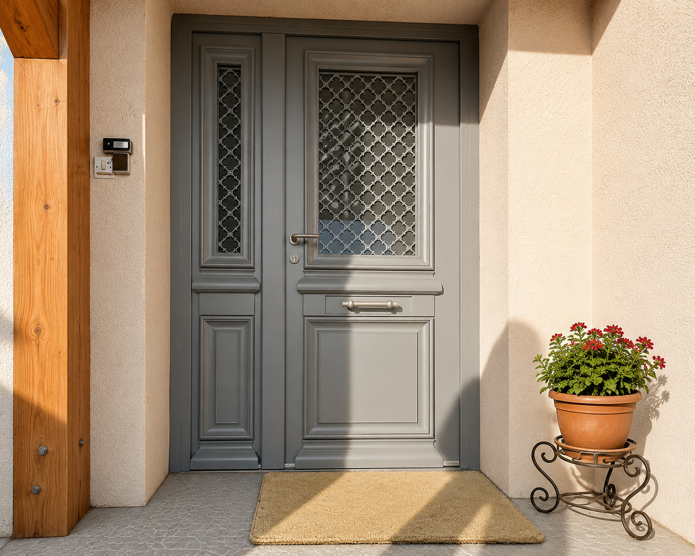 Porte d'entrée grise avec deux fenêtres à grille décorative, une poignée et un paillasson beige devant, à côté d'une plante en pot avec des fleurs rouges sur un support en métal.