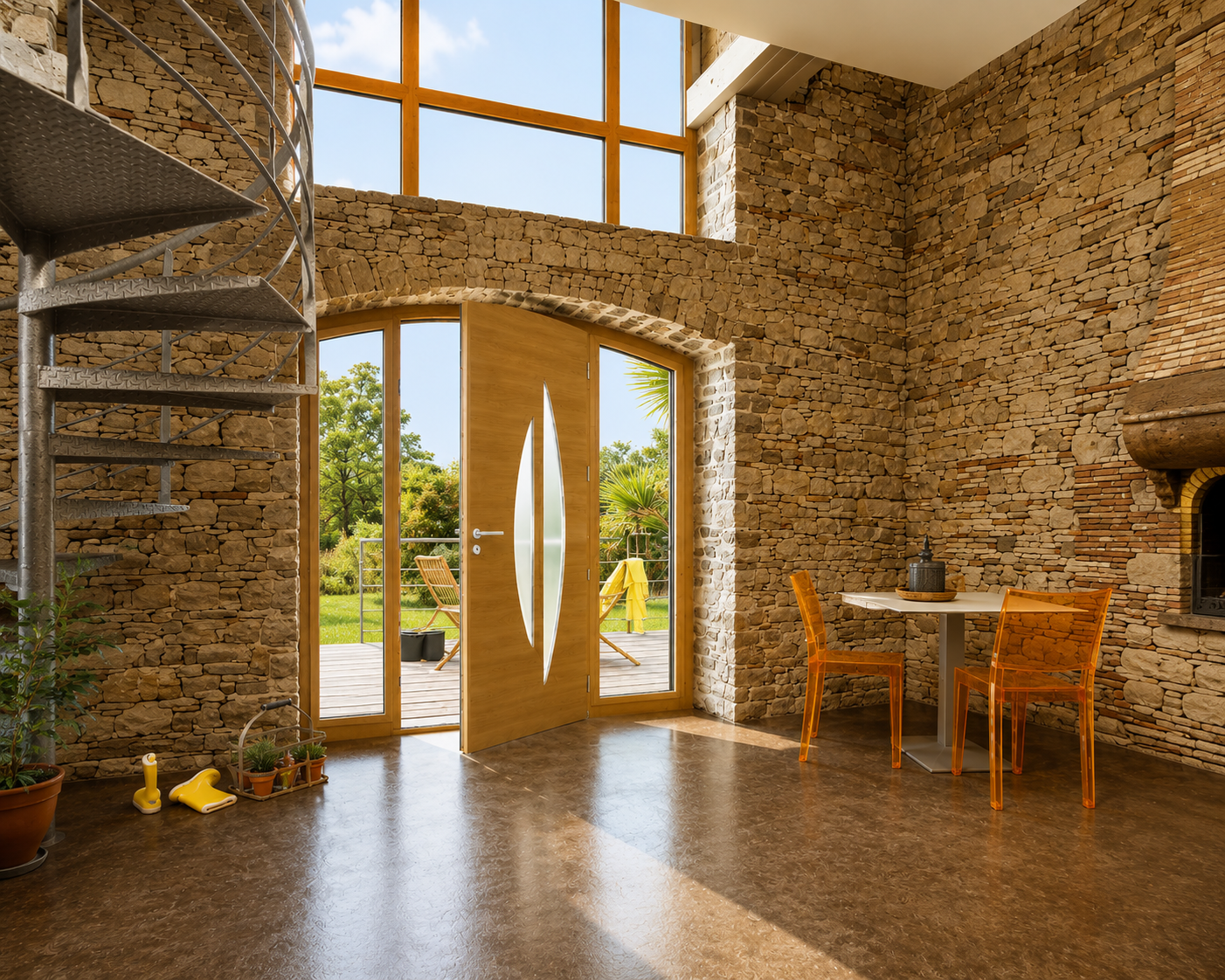 Intérieur avec murs en pierre, grande porte en bois ouverte vers terrasse avec chaises en bois, escalier en colimaçon métallique à gauche, et table ronde avec deux chaises transparentes orange à droite.
