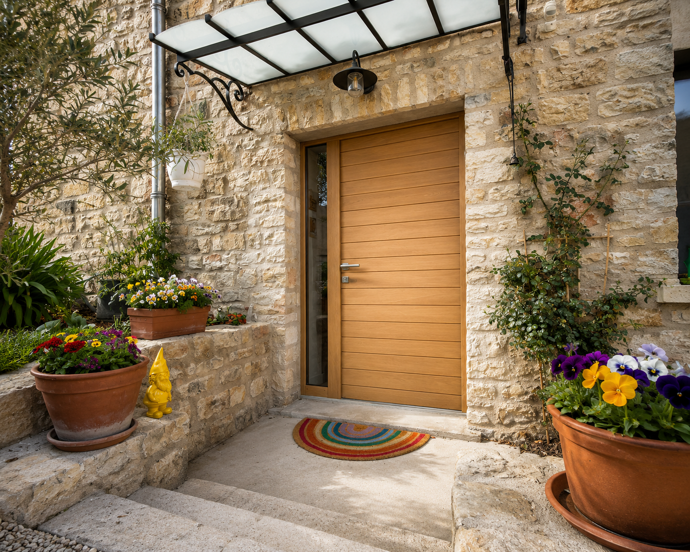 Porte d'entrée en bois claire encadrée de pierres avec auvent transparent, tapis coloré demi-lune et pots de fleurs avec gnome jaune sur un mur en pierre.