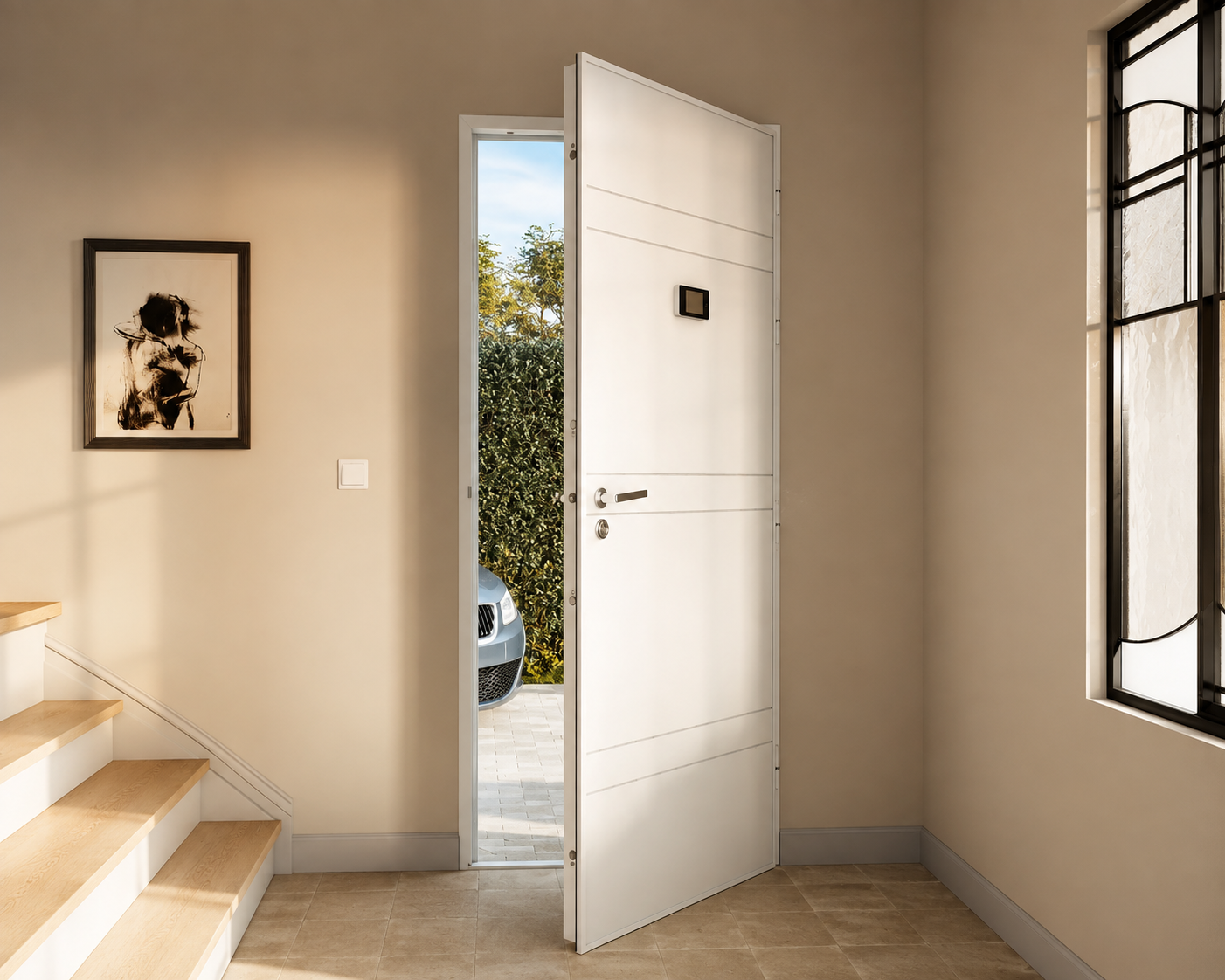 Vue intérieure d'une porte d'entrée blanche légèrement ouverte vers l'extérieur, avec un escalier en bois à gauche et une fenêtre à droite laissant entrer la lumière naturelle.