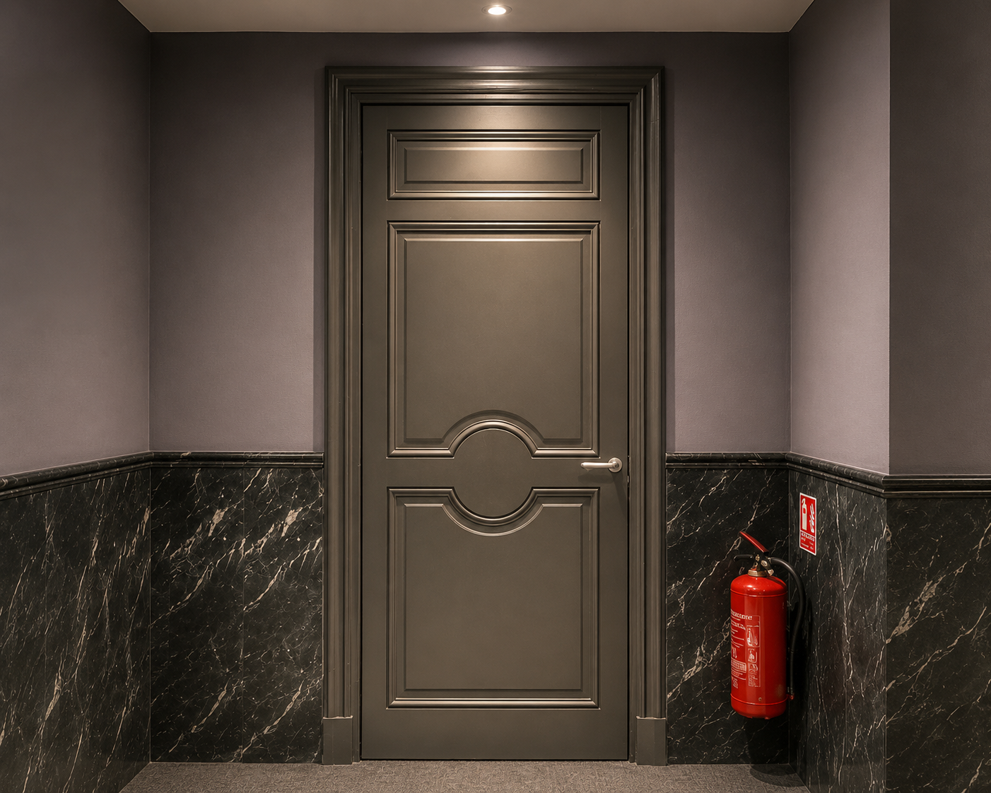 Porte grise ornée de moulures dans un couloir avec murs violets et bas en marbre noir, un extincteur rouge fixé au mur à droite.