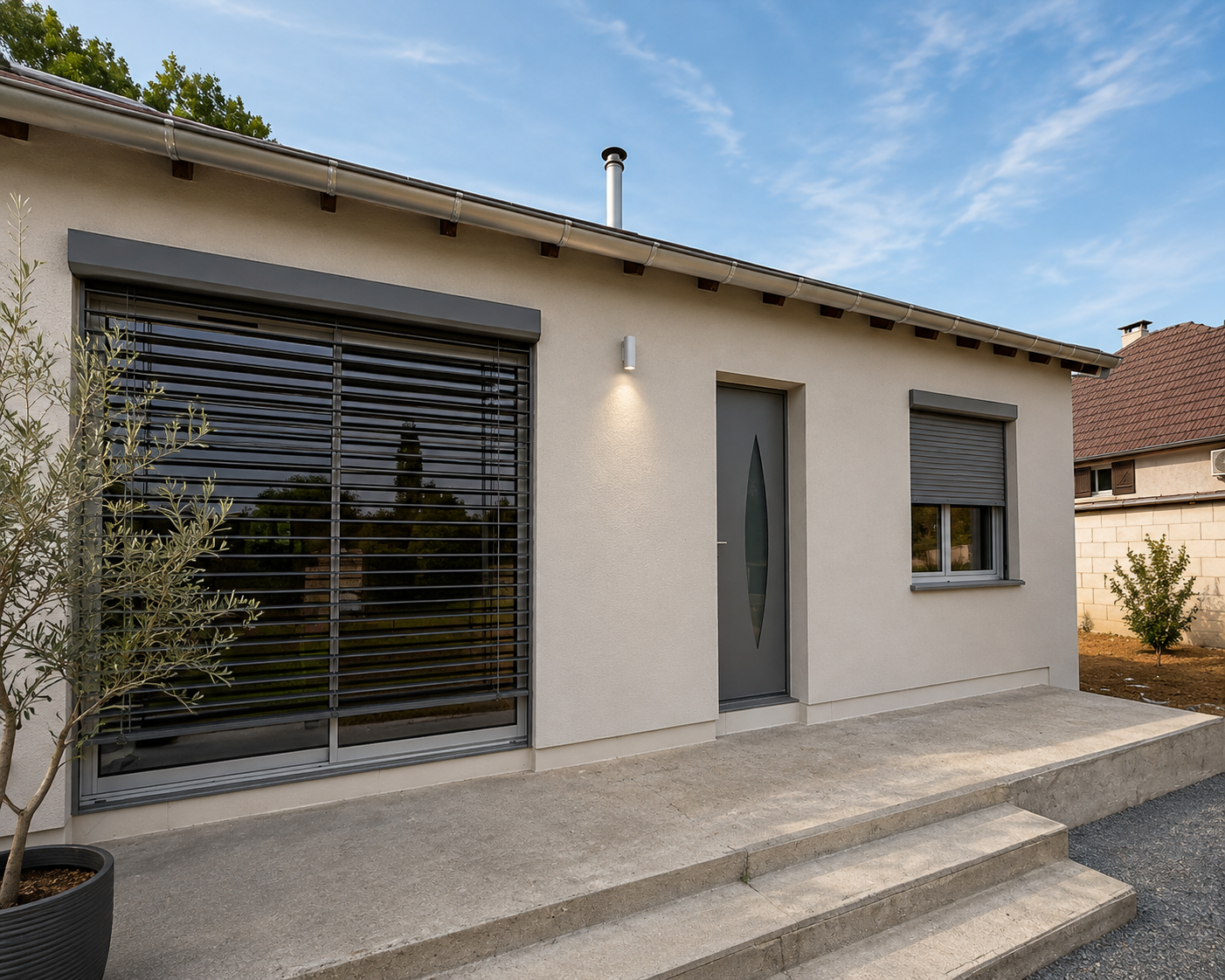 Façade d'une maison moderne avec une grande fenêtre à stores noirs, une porte grise avec une ouverture ovale, un petit escalier en béton et un pot avec un arbre.