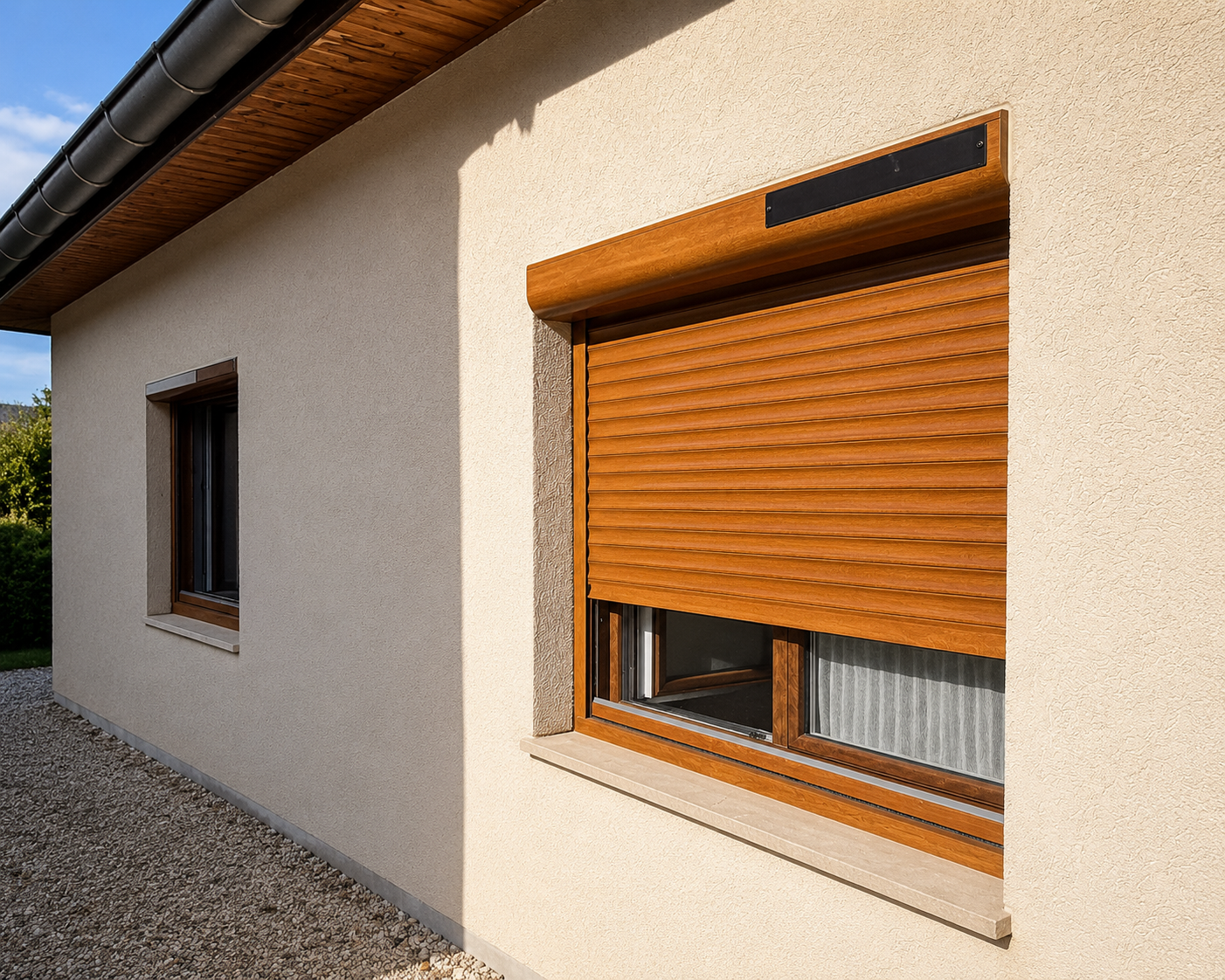Extérieur d'une maison beige avec deux fenêtres en bois, dont une avec un volet roulant en bois partiellement fermé à droite.