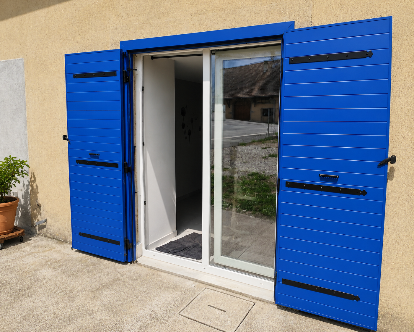 Porte-fenêtre avec volets bleus ouverts sur un sol en béton, une plante en pot à gauche et un intérieur partiellement visible avec tapis noir.