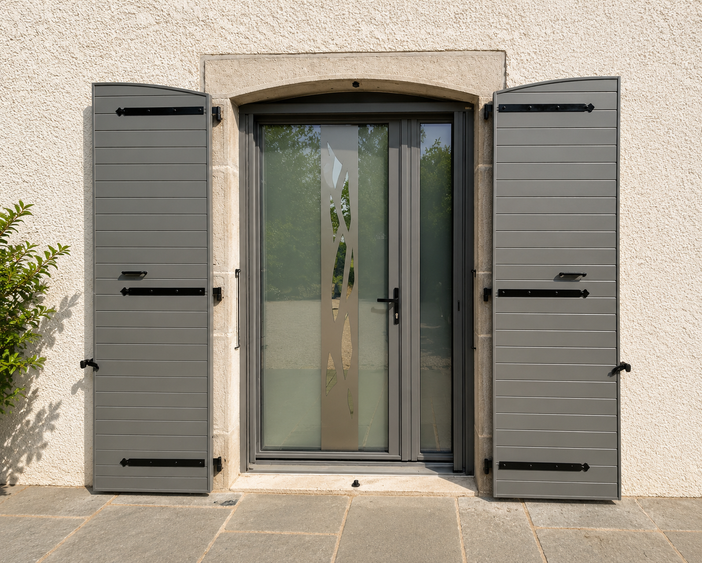 Porte vitrée moderne avec cadre gris, stores pliants gris ouverts, et motif décoratif vertical au centre, entourée d'un mur blanc texturé et d'un sol en dalles grises.
