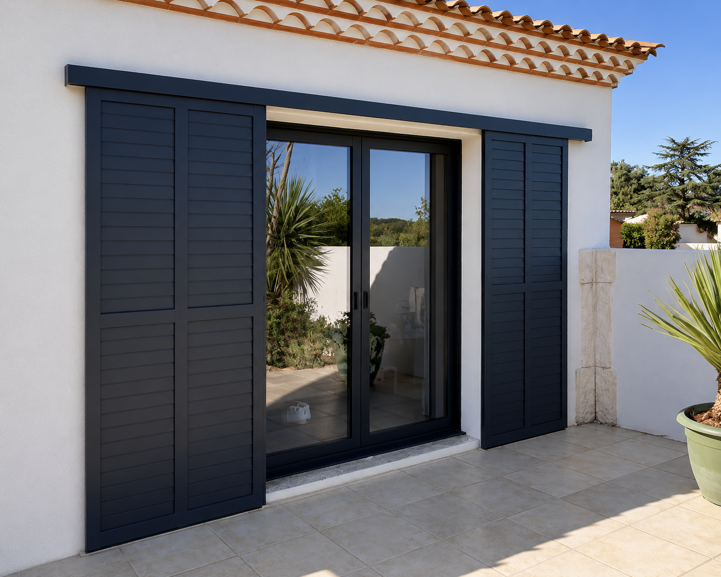 Porte-fenêtre coulissante en verre avec volets bleus foncés sur une terrasse carrelée, entourée d'un mur blanc et de plantes en pot sous un toit en tuiles rougeâtres.