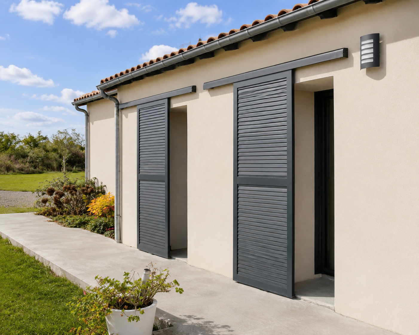 Façade de maison beige avec deux portes coulissantes noires et une plante en pot sur un trottoir en béton sous un ciel bleu avec quelques nuages.
