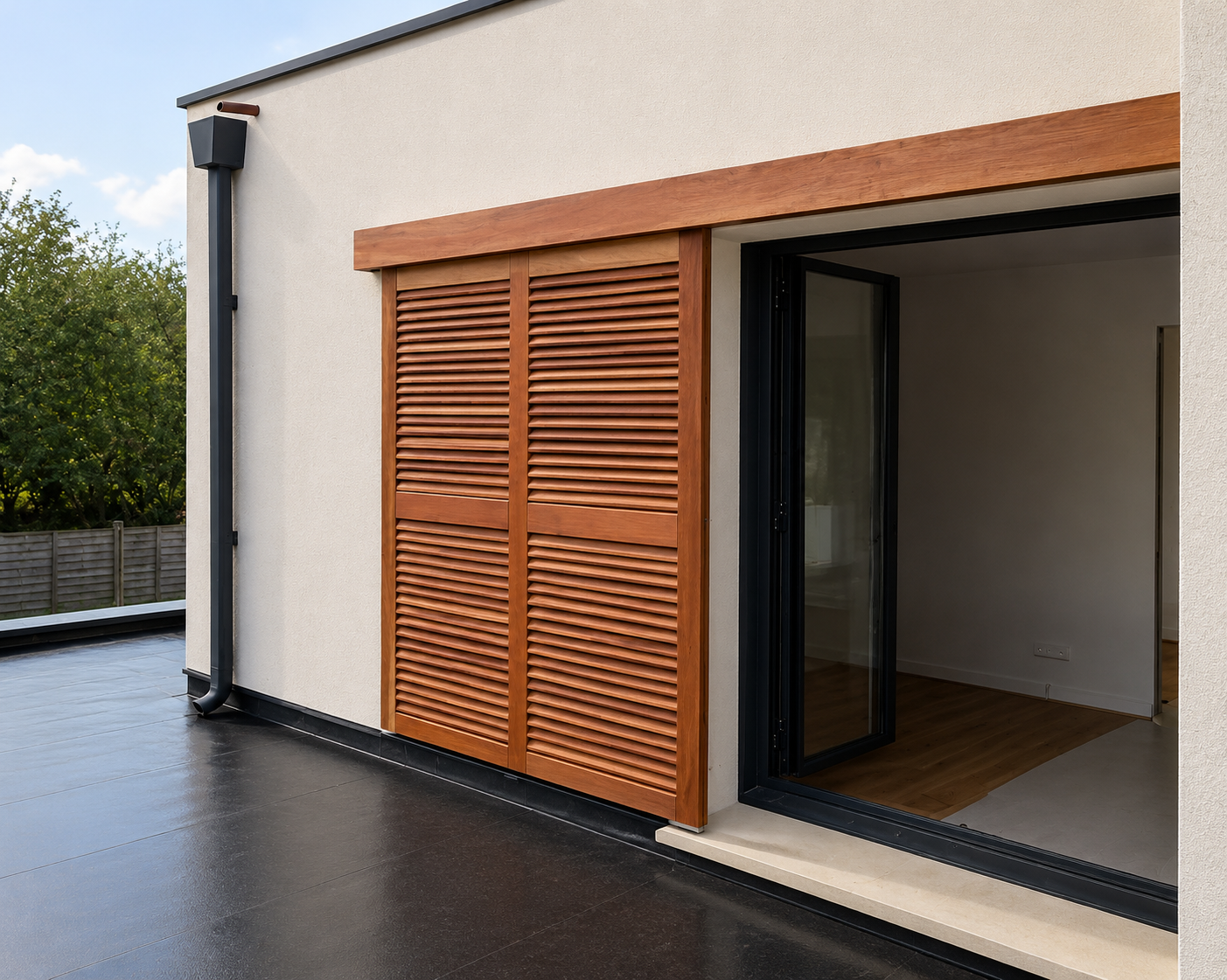 Vue latérale d'une maison moderne avec une grande porte-fenêtre noire ouverte donnant sur un intérieur avec sol en bois, et un volet coulissant en bois marron sur un mur beige.