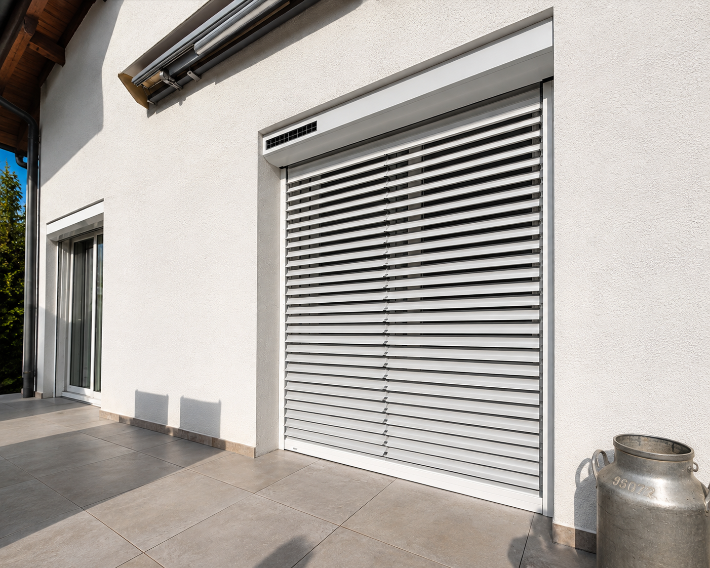 Volets roulants métalliques fermés sur la façade d'une maison blanche avec une grande terrasse en carrelage gris clair et un vieux bidon en métal sur le côté.