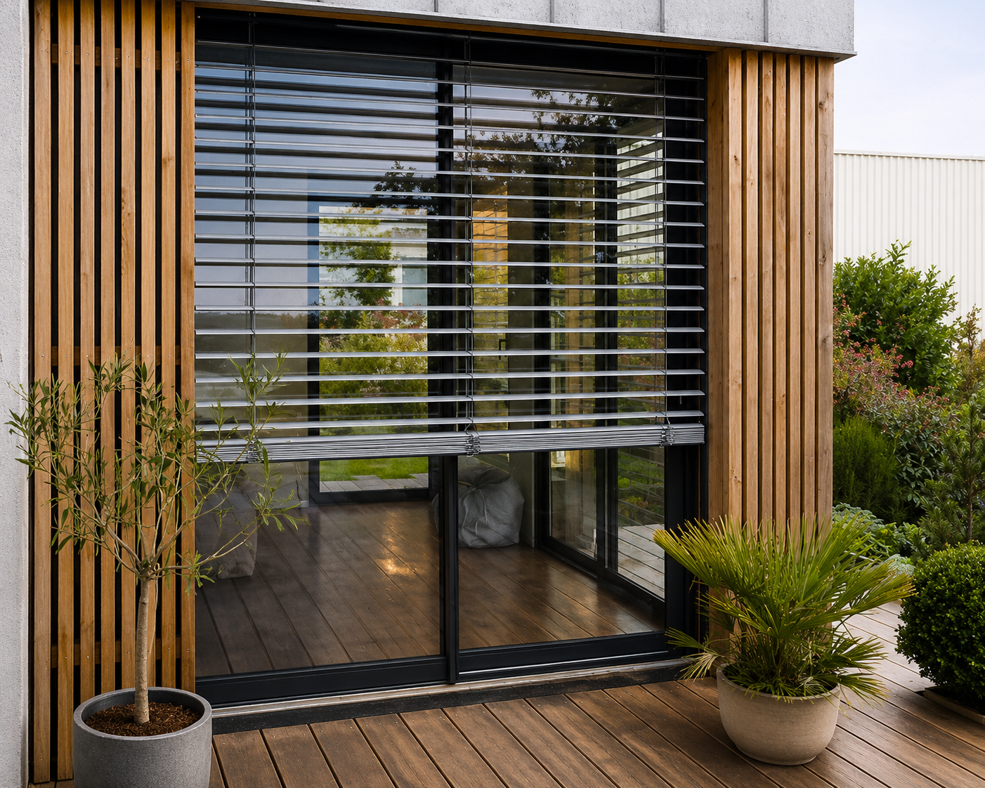 Fenêtre coulissante moderne avec stores métalliques horizontaux partiellement baissés, encadrée par des lamelles de bois verticales, avec un sol en bois et deux grandes plantes en pot à l'extérieur.