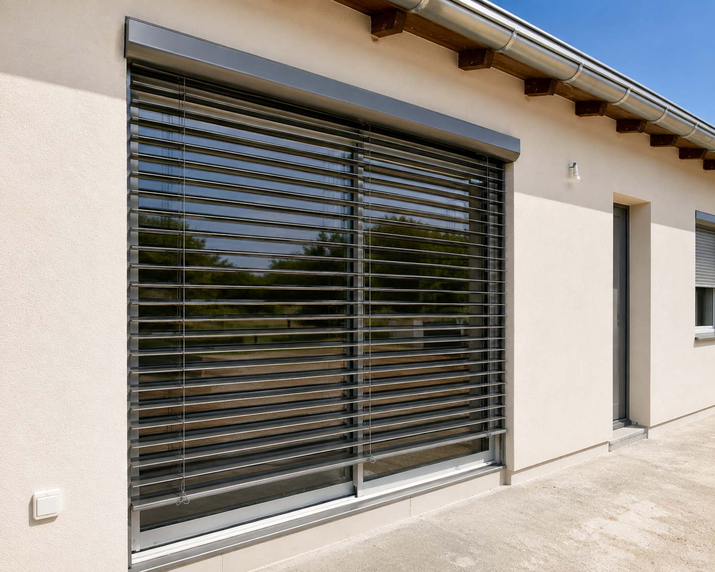Fenêtre coulissante avec stores métalliques horizontaux devant une façade de maison beige sous un ciel bleu clair.