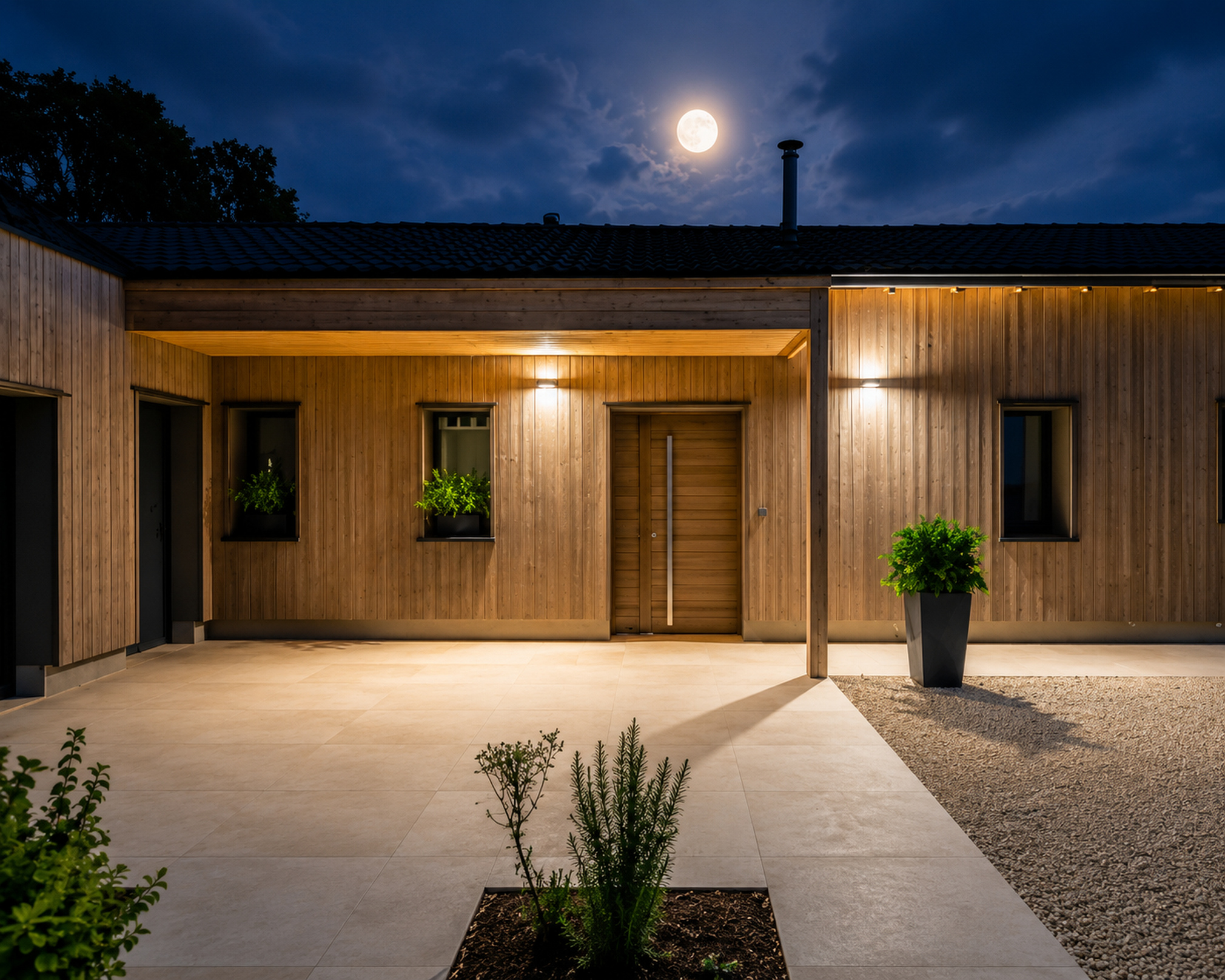 Maison moderne en bois éclairée la nuit avec pleine lune visible au-dessus sous un ciel nuageux, entrée centrale avec porte en bois, fenêtres avec plantes en pot, et patio avec carreaux et zones de gravier.