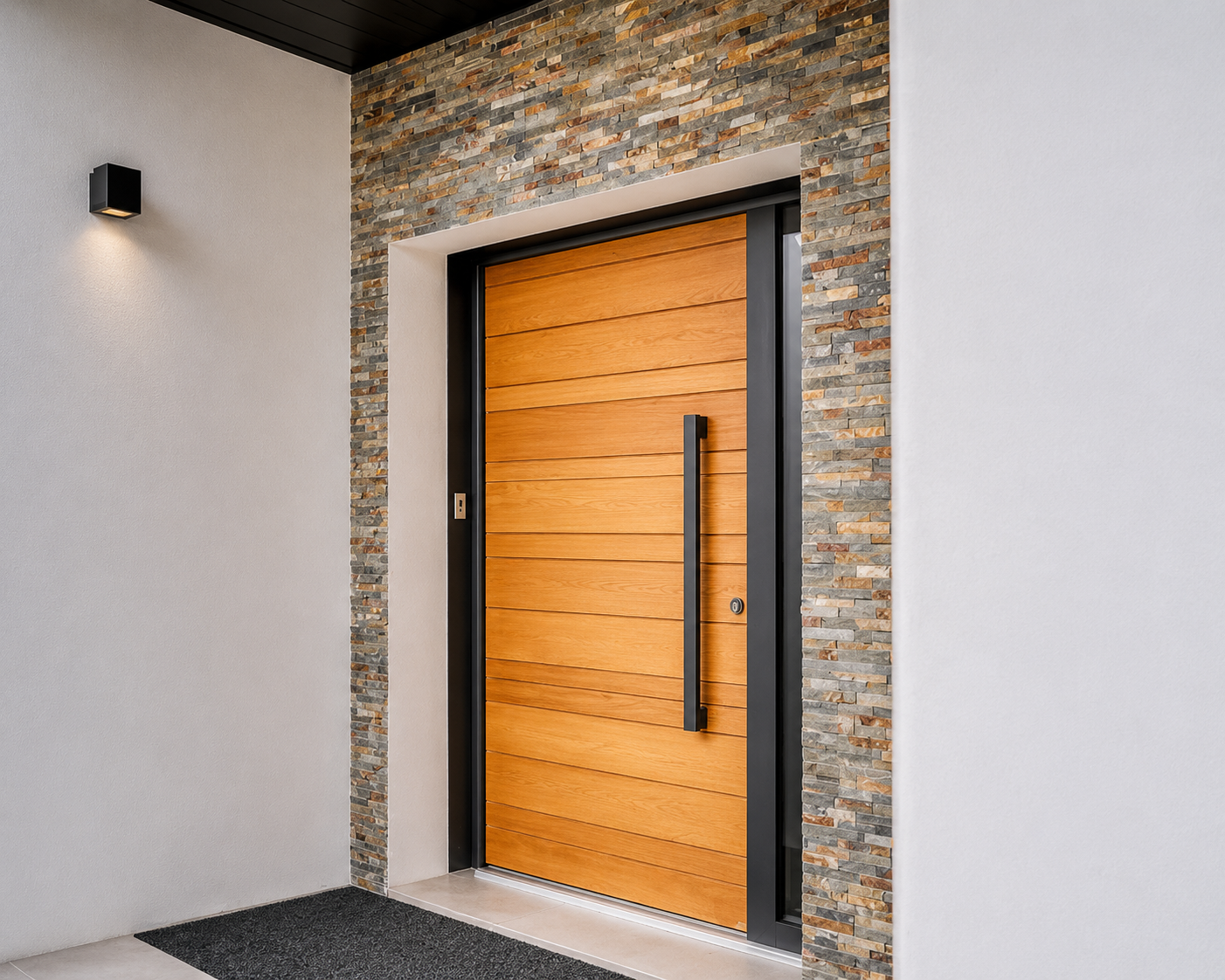 Porte d'entrée moderne en bois clair avec une grande poignée noire, encadrée par un mur en pierre décorative et murs lisses blancs, avec un luminaire mural noir allumé à gauche.