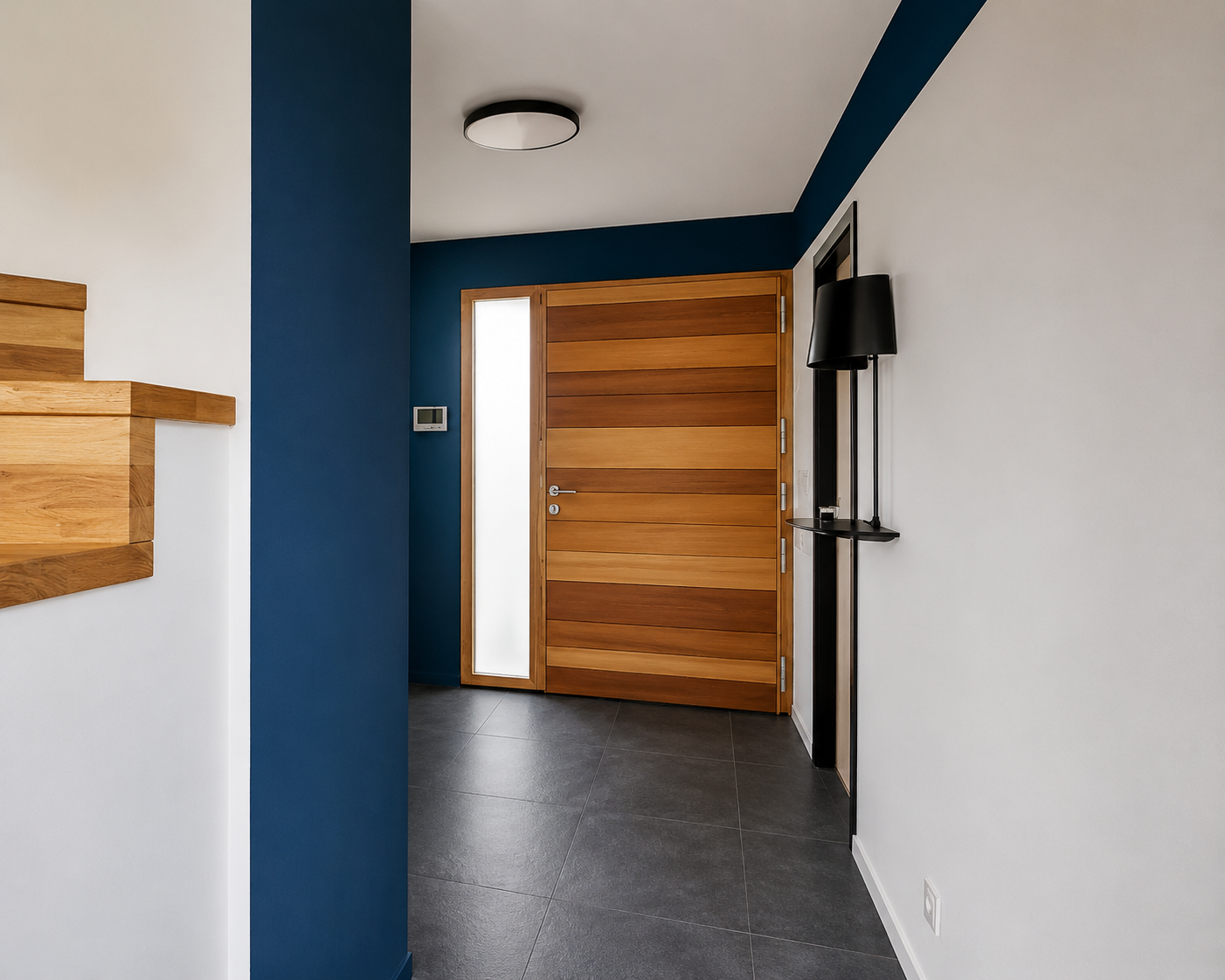 Entrée intérieure avec une grande porte en bois à panneaux horizontaux, murs bleu foncé et blanc, un mur roseau avec une lampe noire et des carreaux de sol gris foncé.