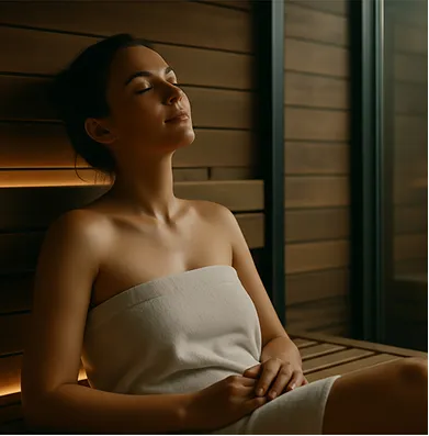 Kobieta odpoczywająca z zamkniętymi oczami owinięta w biały ręcznik w saunie z drewnianymi ścianami.