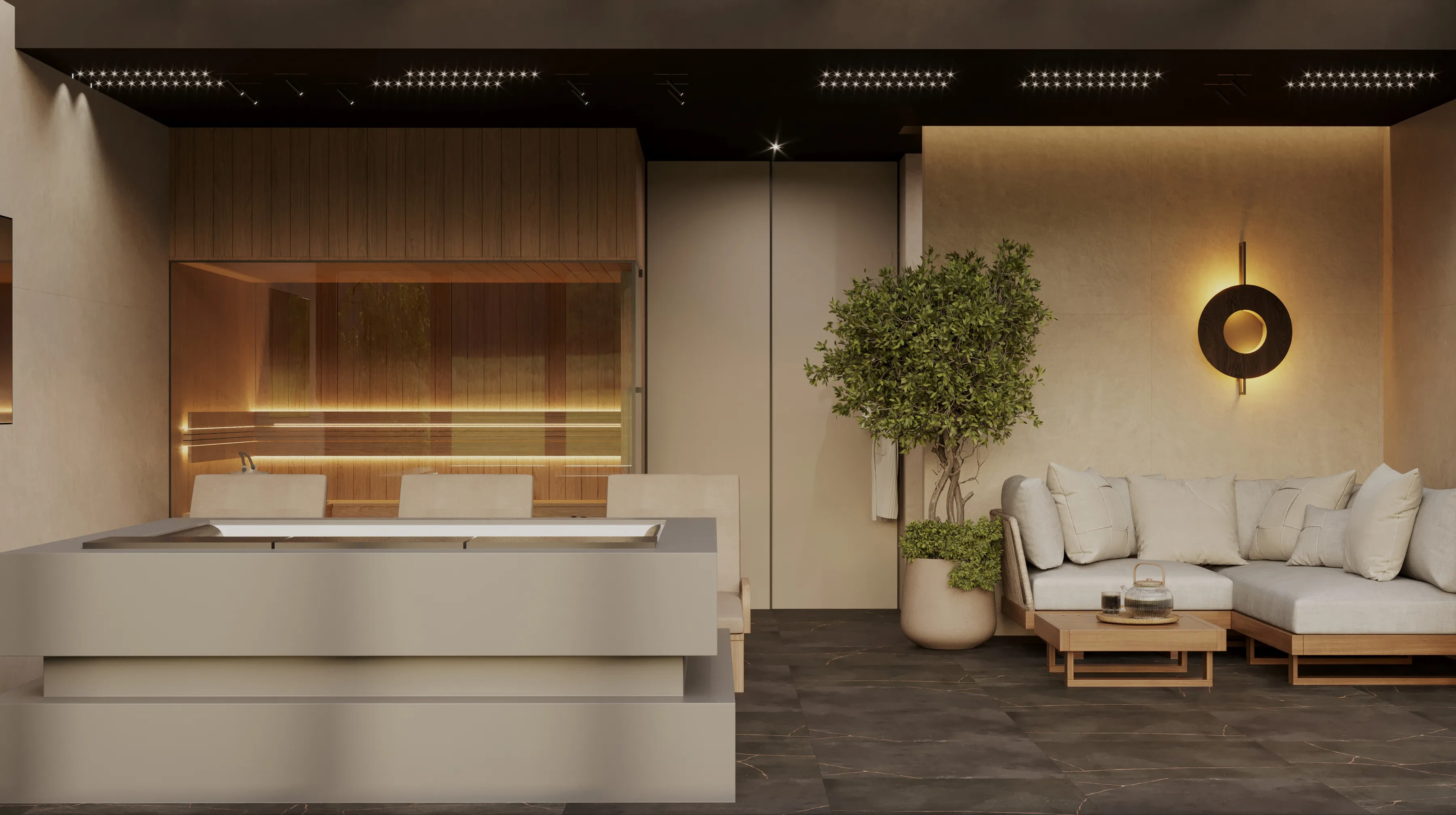 Nowoczesne wnętrze z przestronnym jacuzzi, szarymi fotelami, dużą sofą narożną z jasnymi poduszkami, stolikiem kawowym i dużą donicą z zielonym drzewkiem.