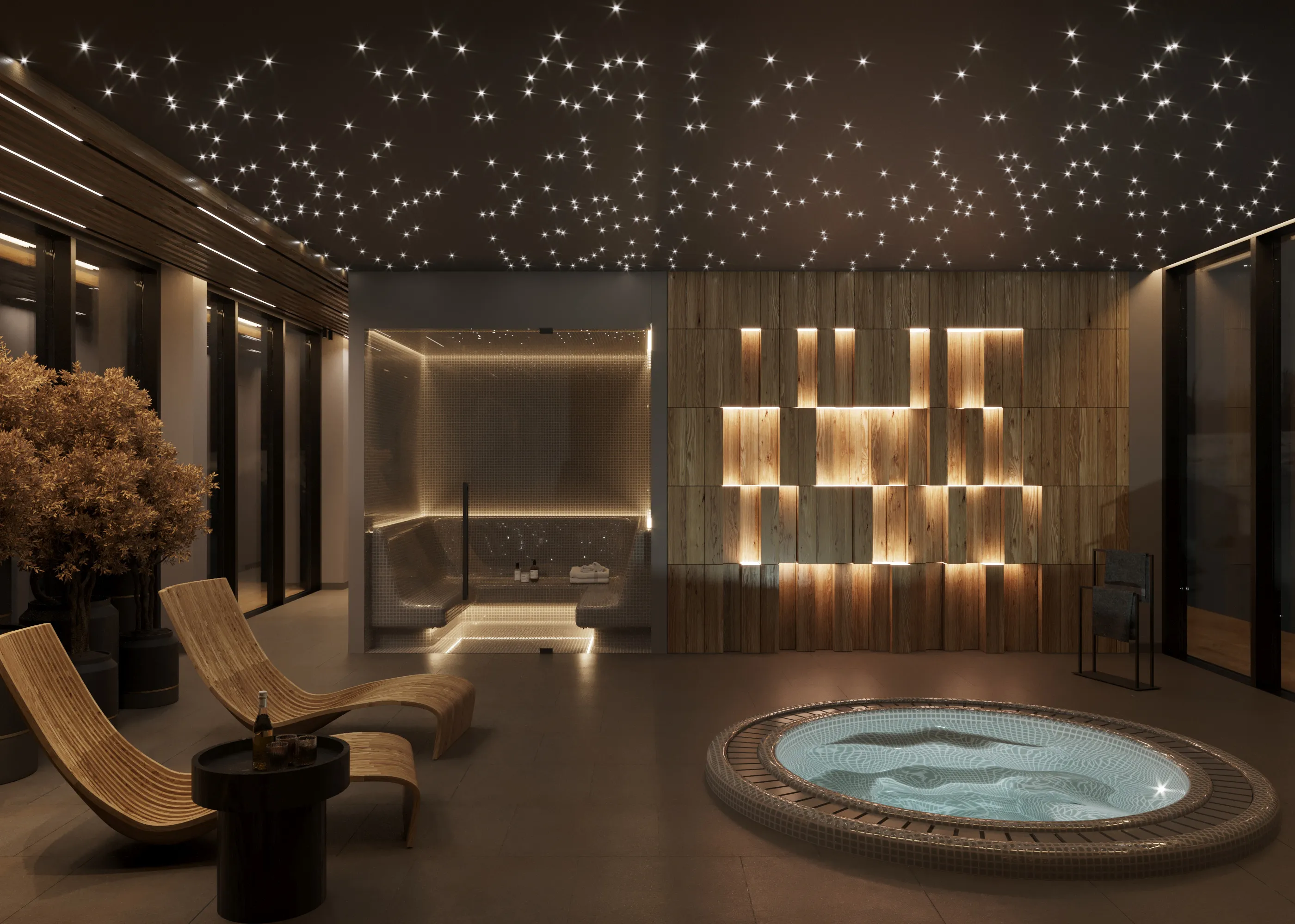 Elegancki salon spa z dwoma wygodnymi leżankami, dużym jacuzzi z drewnianymi panelami oraz subtelnym oświetleniem.