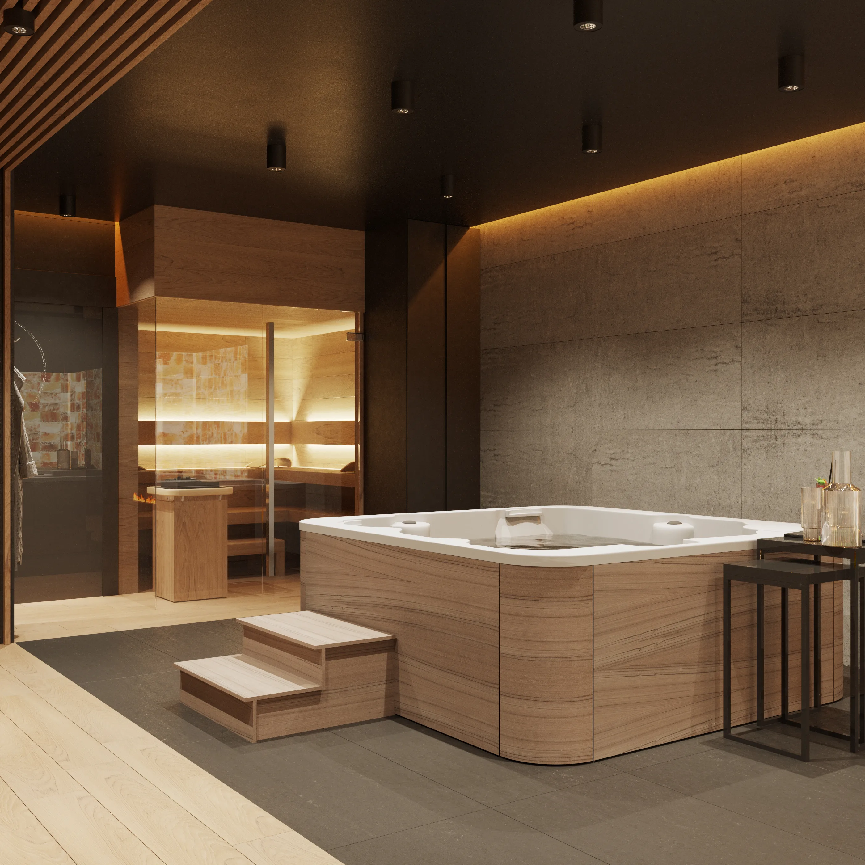 Nowoczesna sauna z drewnianymi ławami, delikatnym oświetleniem LED i przeszklonymi drzwiami obok drzwi w stylu japońskim.