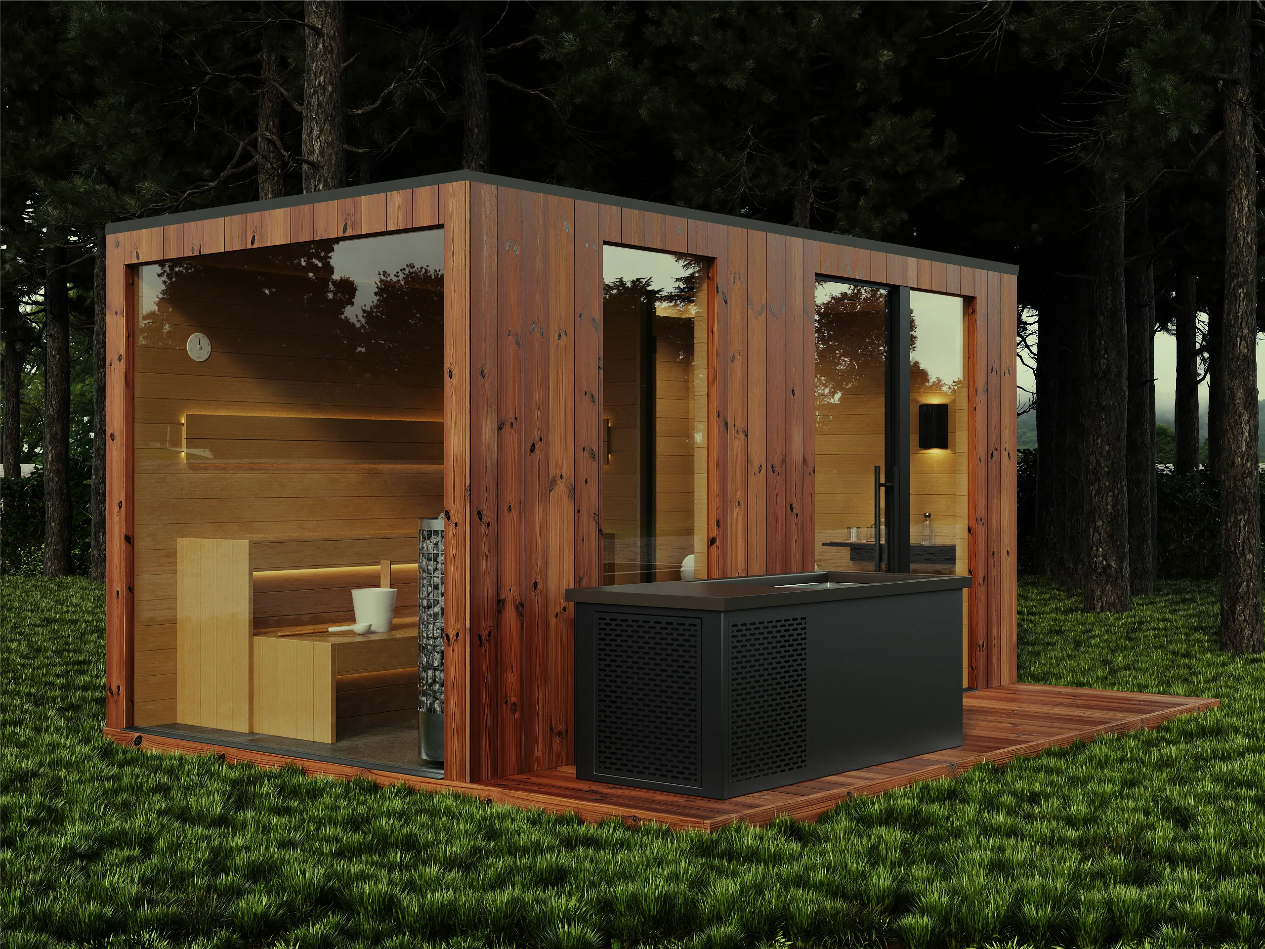 Nowoczesna sauna z dużymi przeszkleniami i drewnianą elewacją, ustawiona na trawniku w lesie.