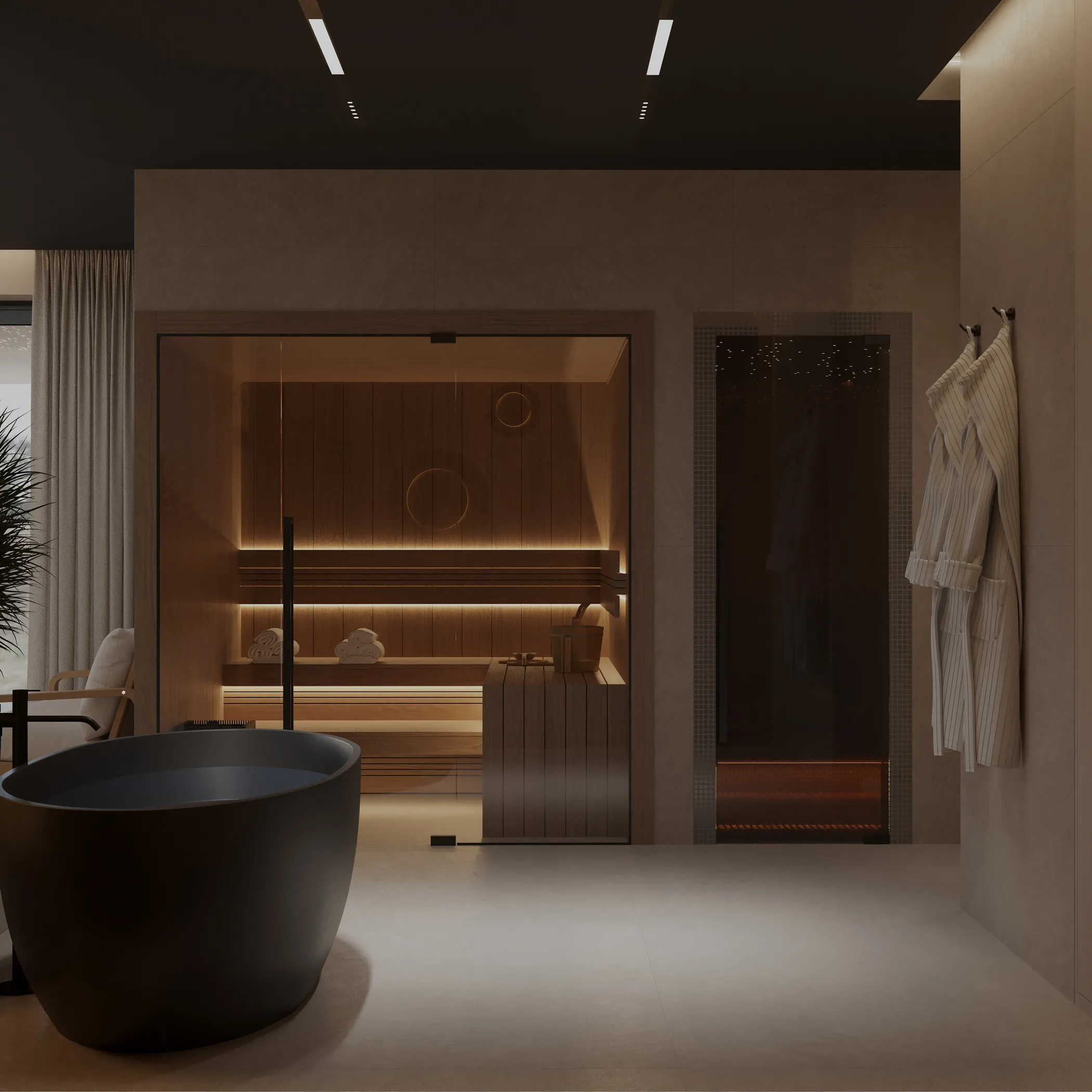 Nowoczesna łazienka z czarną wolnostojącą wanną, sauną z drewnianymi ławkami i podświetleniem oraz wiszącymi białymi szlafrokami na ścianie.
