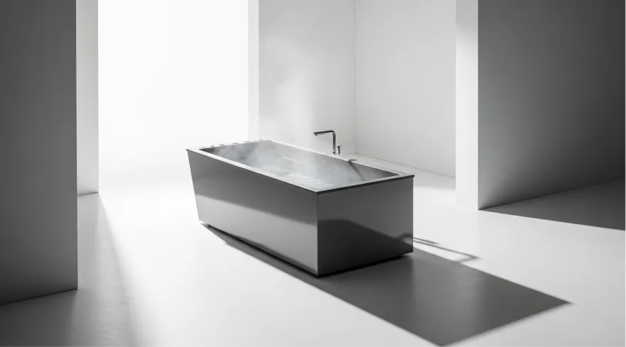 Nowoczesna prostokątna wanna z wypełnioną parą wodną stojąca w jasnym, minimalistycznym pomieszczeniu.