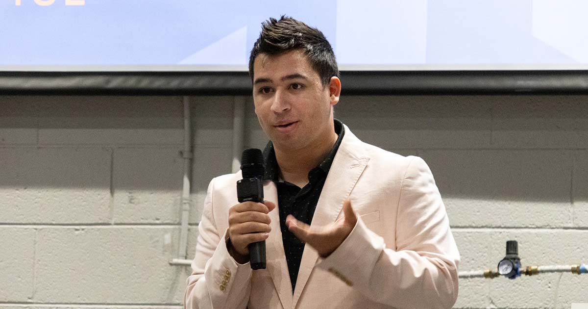 ETSU CBAT student Samuel Deaton delivers his team’s pitch during the Core4ce Innovation Challenge Pitch Event.