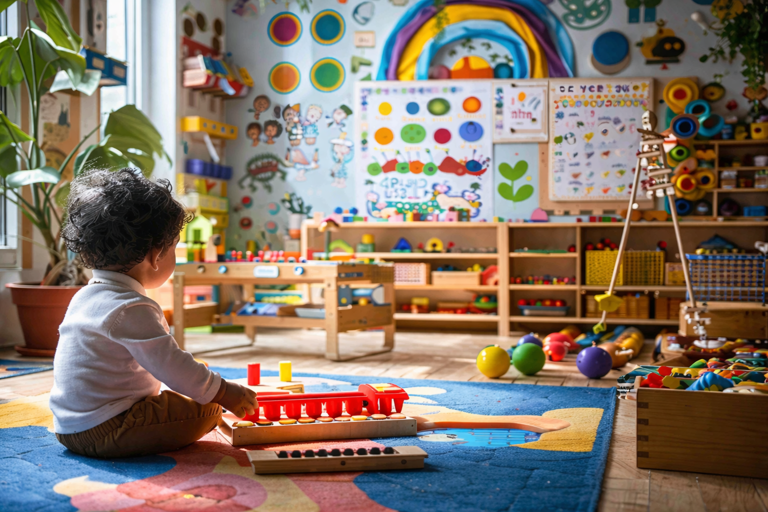 An AI illustration showing a toddler in a classroom, looking up at a board.
