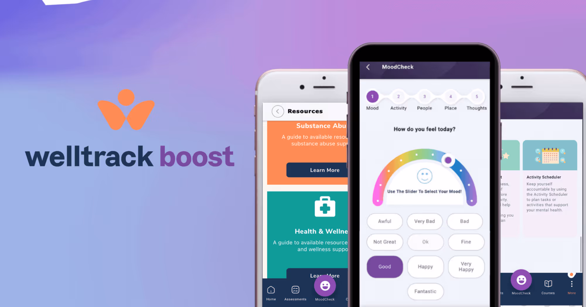 An image featuring three different cell phones, showcasing three screens within the Boost app.