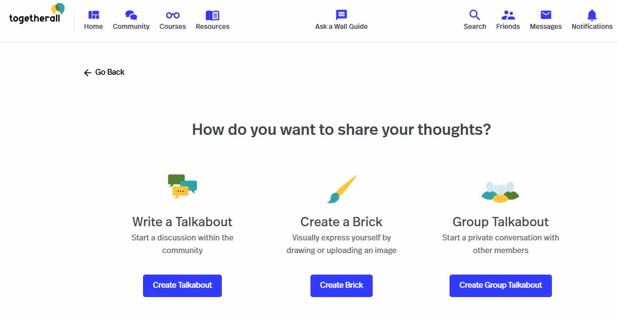 A screenshot of the Togetherall, showing the platform’s post options, which include: Write a Talkabout, Create a Brick, Group Talkabout.