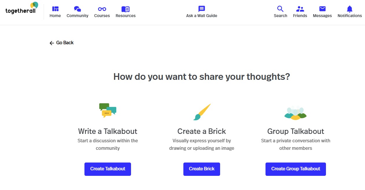 A screenshot of the Togetherall, showing the platform’s post options, which include: Write a Talkabout, Create a Brick, Group Talkabout. 