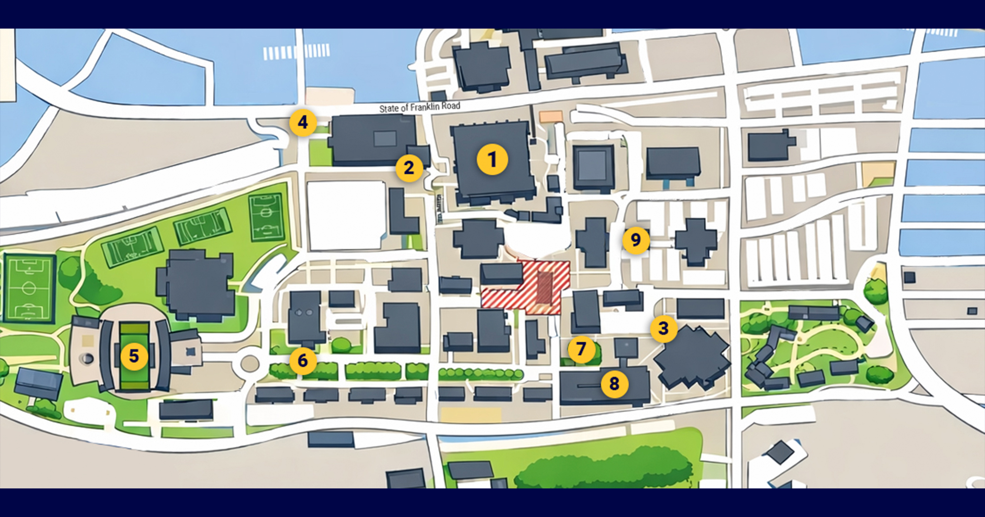 An illustrated rough sketch of ETSU’s campus, locating the nine landmarks outlined in the Can I take photos on campus, and are there recommended spots? question.