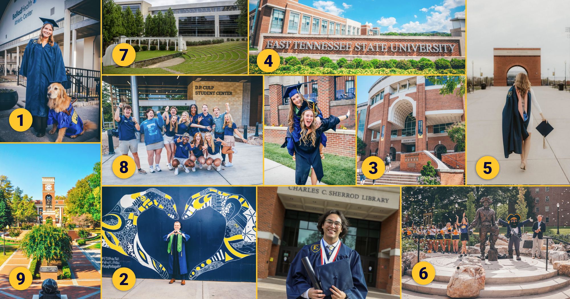 A picture collage of the nine landmarks outlined in the Can I take photos on campus, and are there recommended spots? question.