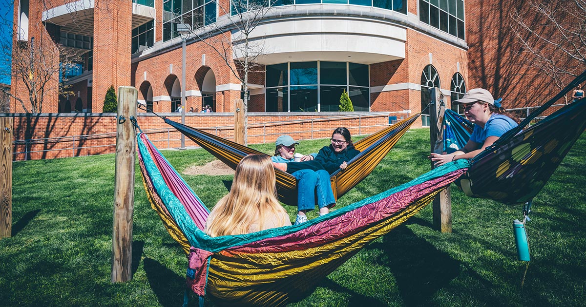 Students enjoy hammocks on ETSU's main campus.