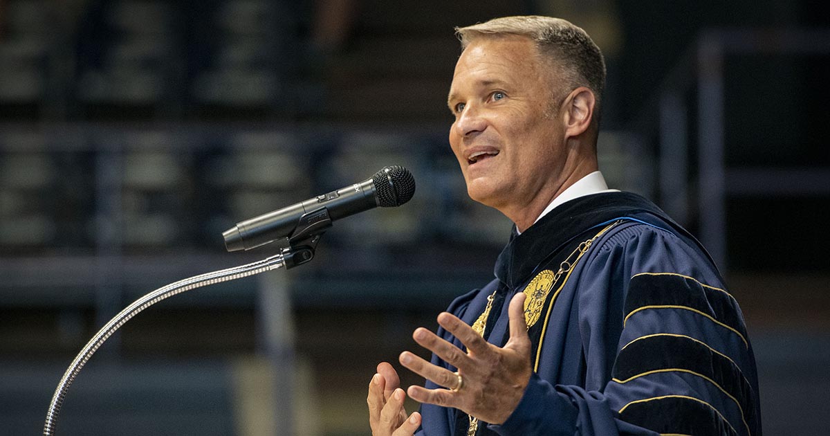 Ballad Health Athletic Center exterior with signage directing graduates to the lower-level entrance.