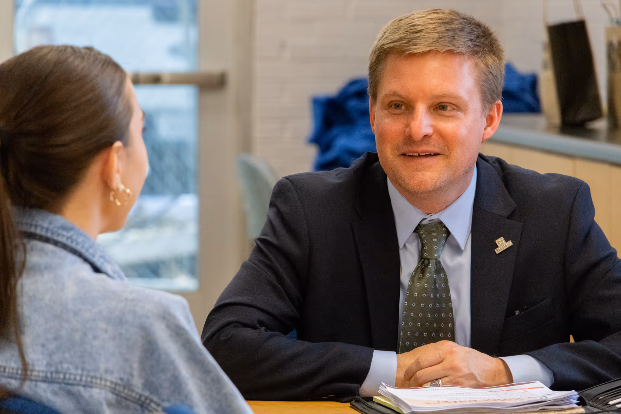 An industry partner of BucGuide Academy performs a mock interview with an ETSU CBAT student.