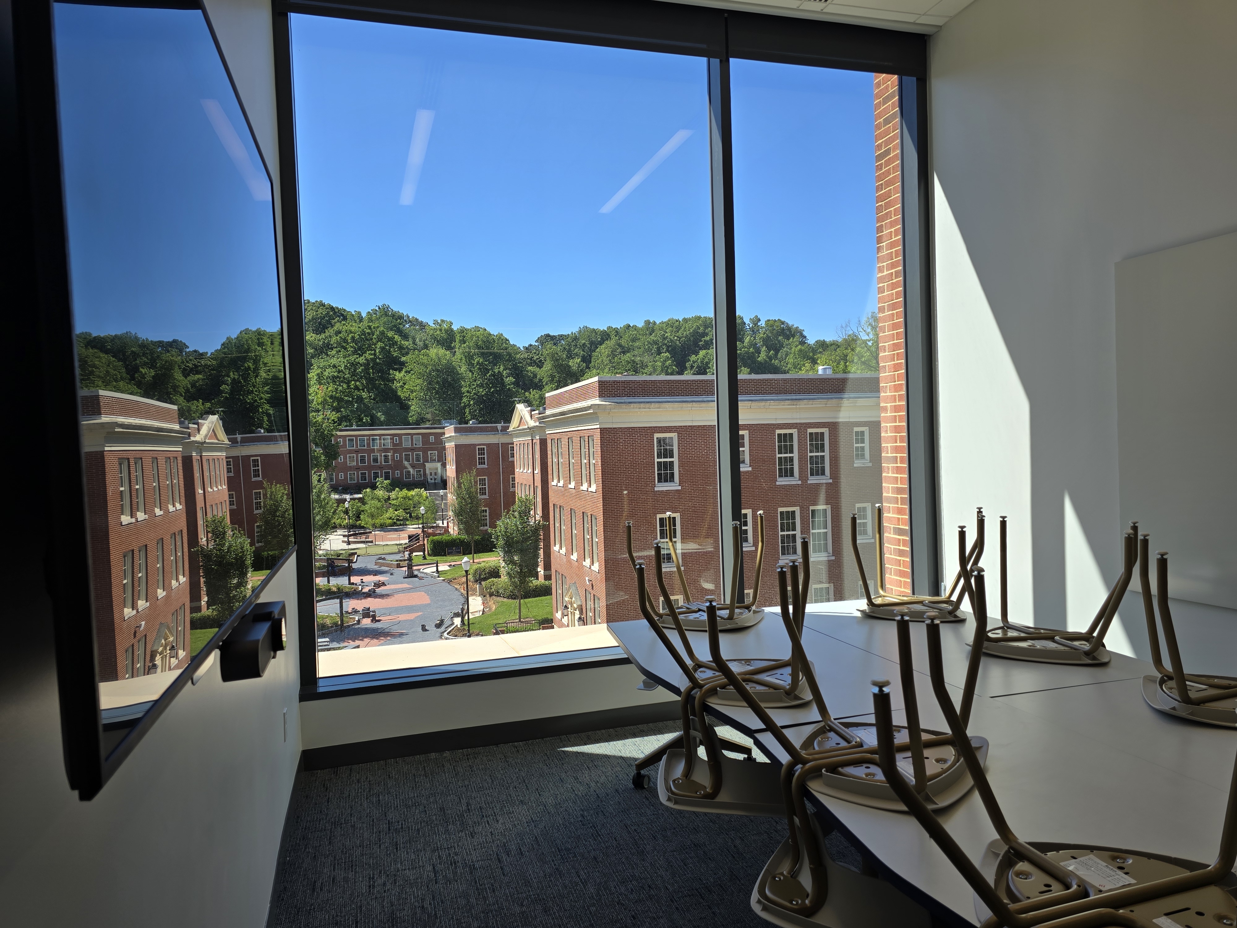 A window overlooking campus from the new Academic Building.