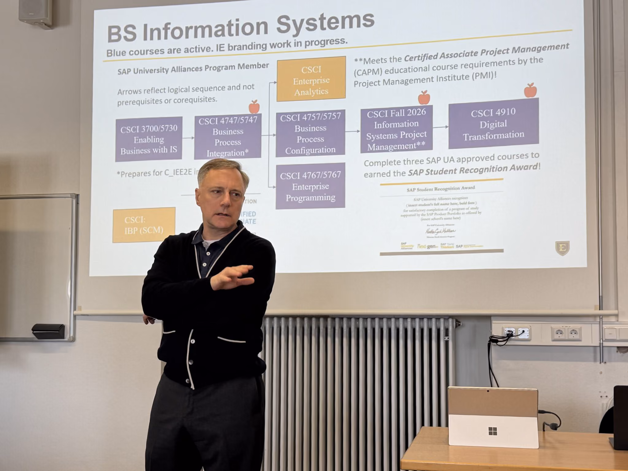 ETSU associate professor in computing Douglas Battleson gives a presentation while in Germany.