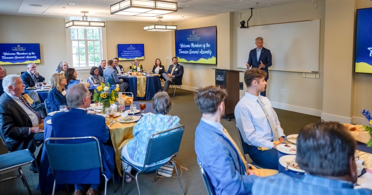 ETSU President Dr. Brian Noland speaks to a room of legislators at ETSU Bill Gatton College of Pharmacy on Friday, Aug. 14.