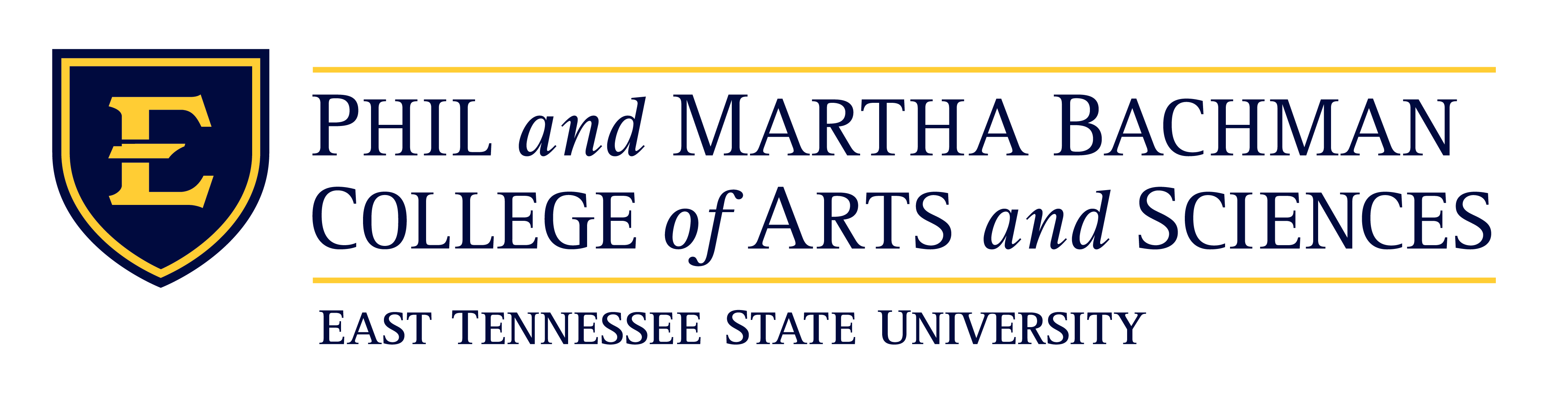 A logo with the shield E and the name: Phil and Martha Bachman College of Arts and Sciences East Tennessee State University