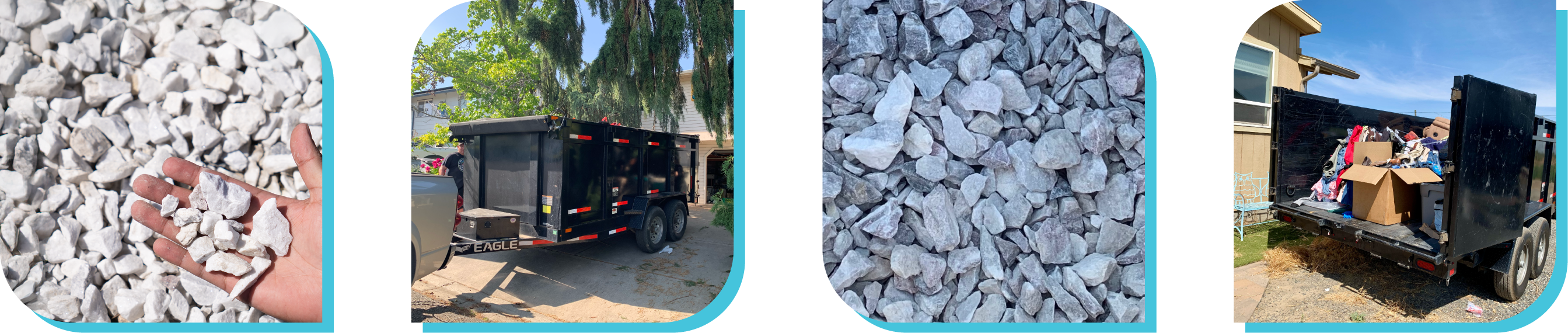 four images cut in to decorative shapes featuring rock, and our dump trailers